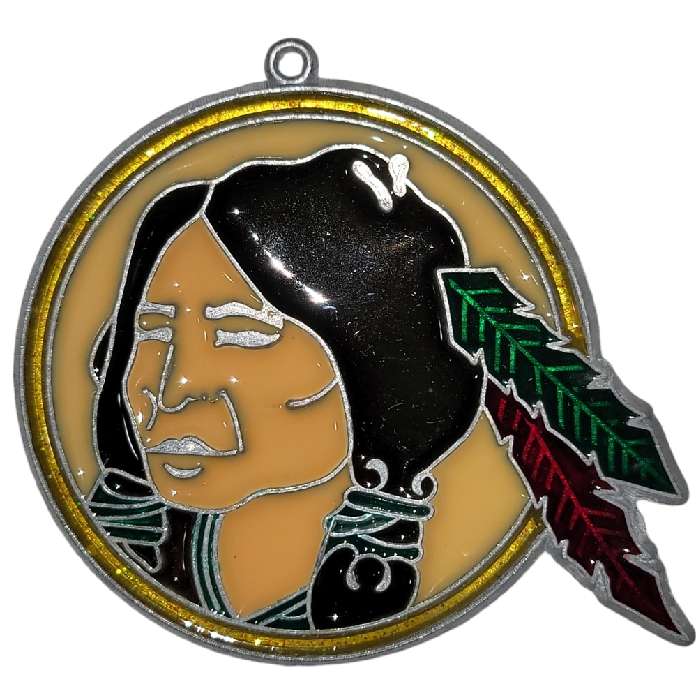 Vintage Handmade Stained Glass Native American Indian Brave Suncatcher Ornament